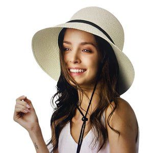 FURTALK Cream/White Wide Brim Sun Hat with Wind Lanyard UPF Size M